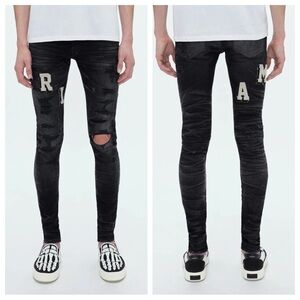 New! Amiri Black varsity logo repair Patch Jeans 34 denim skinny 23673